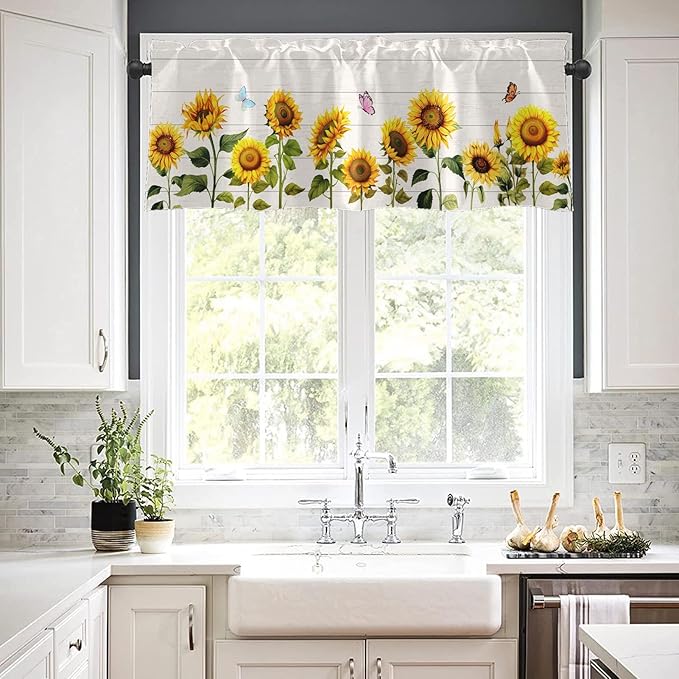 Emvency 4 Pack Valances Window Treatments, Farmhouse Sunflower Spring Summer Butterfly Blackout Adjustable for Living Room Bathroom Bedroom Kitchen Over Sink, 52x18 Inch Rod Pocket Valances