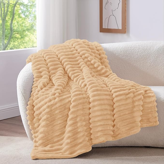 BEDELITE Fleece Throw Blanket for Couch - 300GSM Soft & Warm Fluffy Blush Sand Blanket, Decorative and Giftable Striped Blankets for Women, Men, 50"x60"