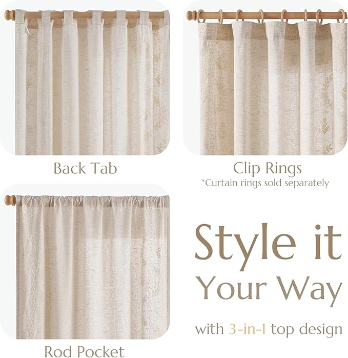 jinchan Belrose Linen Curtains for Bedroom Floral Curtains 63 Inch Length Linen Blend Ivory Embroidered Drapes Farmhouse Flower Patterned Drapes for Living Room Window Treatments Set 2 Panels