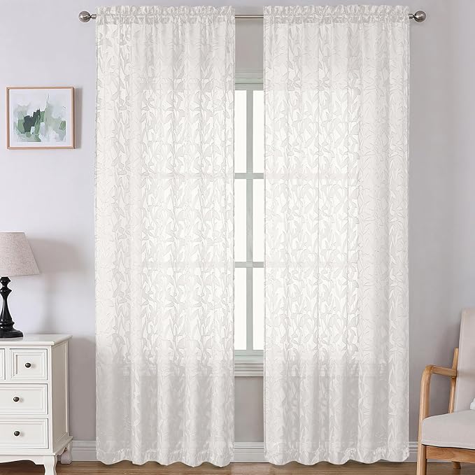 Lecloud Leia Ivory Sheer Curtains 120 Inches Long 2 Panels, Jacquard Textured Voile Curtains, Modern Gauzy Windows Decor Drapes with Dual Rod Pockets for Living Room Bedroom, Each 52" W x 120" L
