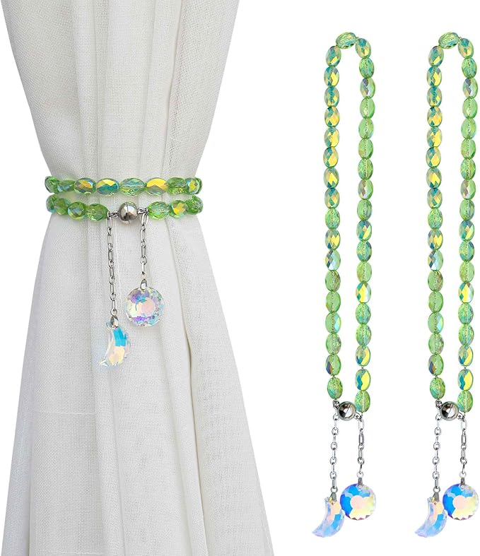 PEDOBO Magnetic Curtain Tiebacks, 2 Pack Crystal Beaded Sun & Moon Pendants Sheers/Draperies Holdbacks for Window Home Office Decor (Green)