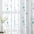 HOMEIDEAS White and Blue Embroidered Floral Sheer Curtains 63 Inch Length 2 Panels Flower Pattern Semi Sheer Window Curtains for Bedroom Living Room