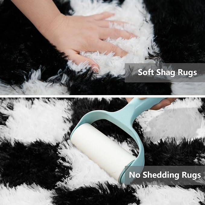 Large Area Rugs for Living Room Bedroom,9x12 Black and White Fluffy Soft Checkered Rug Fuzzy Shag Shaggy Carpet, Indoor Plush Floor Rugs for Kids Boys Girls Teen Dorm Nursery Home Decor