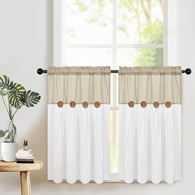 Boho Kitchen Curtains 36 Inch Length, Farmhouse Cotton Linen Tier Curtains, Rustic Button Short Curtain for Windows, Country Cafe Rod Pocket Small Window Curtain, Linen and White, 26x36