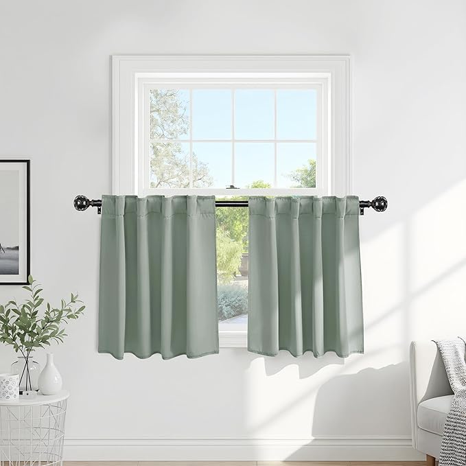 PONY DANCE Short Curtains for kinchen, Half Drapes for Bathroom Window, loft Curtain Tiers for Basement Shades, Width 29 x Length 30 inches, Sage Green, 2 Pieces