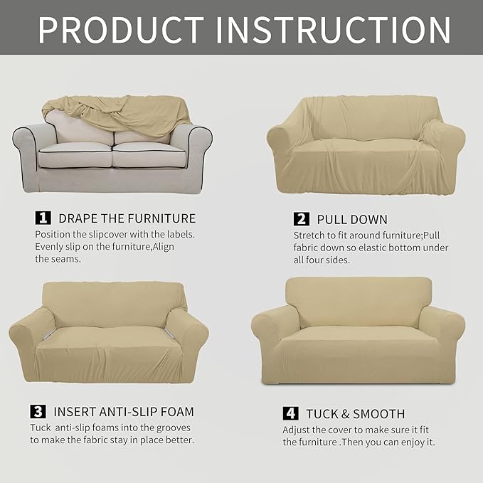 Easy-Going Stretch Oversized Loveseat Slipcover 1-Piece Sofa Cover Furniture Protector Couch Soft with Elastic Bottom for Kids Polyester Spandex Jacquard Fabric Small Checks Beige