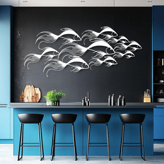 School of Fish Metal Wall Art, Metal Fish Wall Decor, Sea Life Wall Art, Large Nautical Wall Hanging, Modern Beach House Wall Decor, Ocean Themed Artwork for Bathroom (White, 35"x15" | 90x38cm)