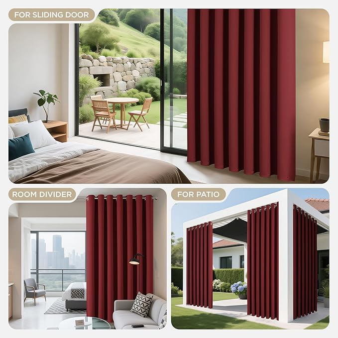 Joydeco Blackout Patio Sliding Door Curtains 84 Inches Long, Grommet Privacy Room Divider Curtains, Extra Wide Thermal Blackout Drapes for Bedroom Living Room (Burgundy Red, 80Wx84L, 1 Panel)