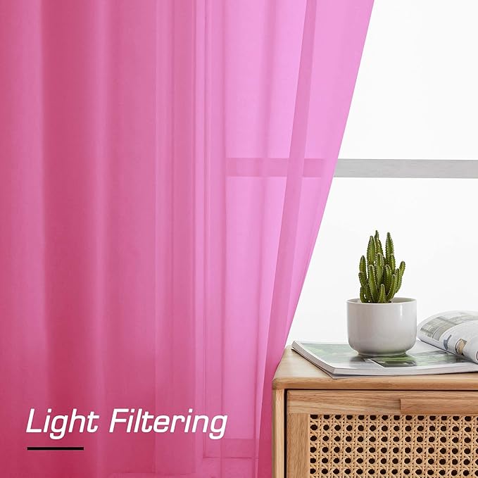 Simplebrand Hot Pink Short Sheer Curtains 45 Inch Length for Small Windows, Rod Pocket 2 Panels Set Solid Voile Drapes Window Sheer Curtains for Bedroom Bathroom Kids Room Kitchen, 42x45 Inch