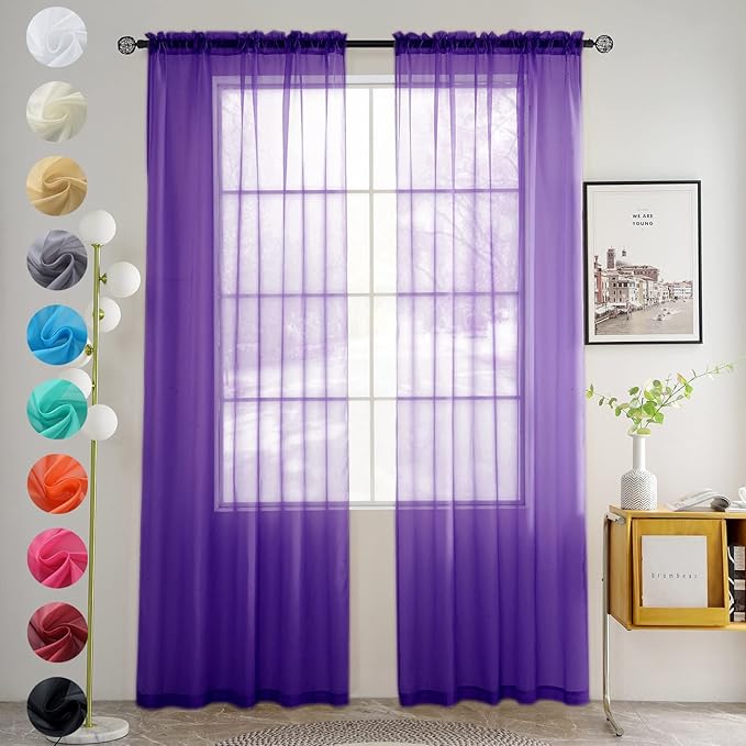 youleyar Solid Sheer Rod Pocket Curtain Voile Draperies 2 Panels White Beige Black Grey Coffee 52 Inch Width 96 Inch Long 1 Pair for Kitchen Bedroom Children Living Room Yard (Purple,52Wｘ96L)