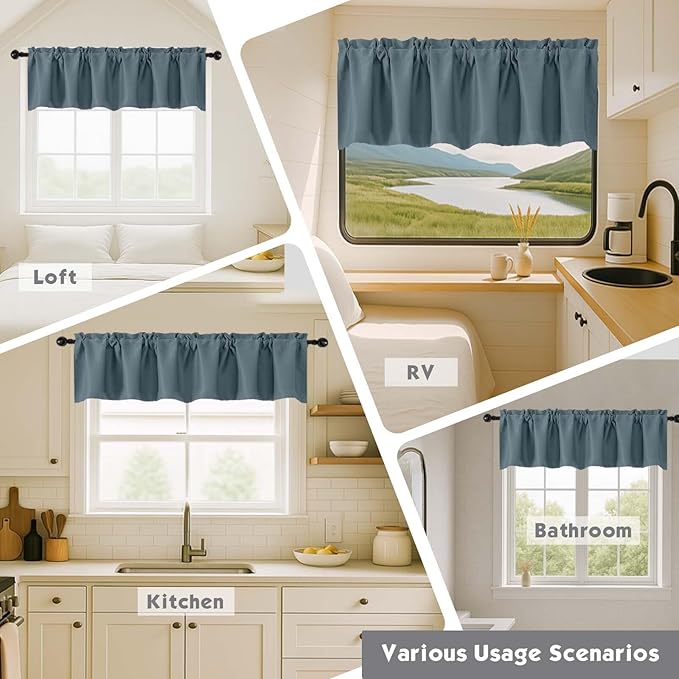 Chyhomenyc Stone Blue Valances for Window, Room Darkening Short Curtains for Kitchen Bedroom Living Room, Rod Pocket Top Small Window Treatment Valance RV Bunk Panels, 60" Wx14 L, 2 Pieces