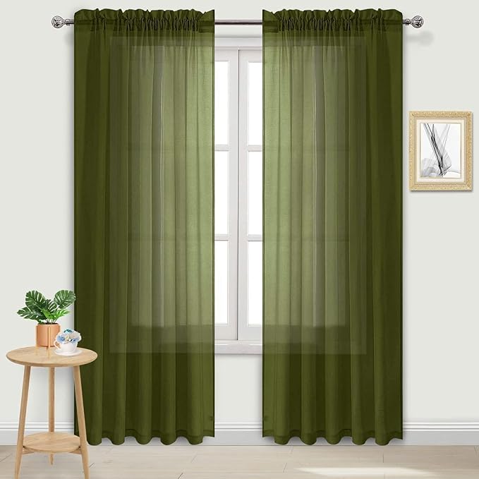 DWCN Olive Green Sheer Curtains Semi Transparent Voile Rod Pocket Curtains for Bedroom and Living Room, 60 x 96 inches Long, Set of 2 Panels