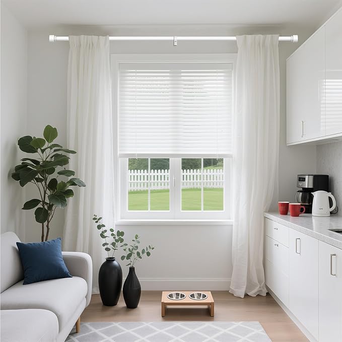 Modern White Curtain Rods for Windows 30 to 56 Inch, 1" Diameter Adjustable Heavy Duty Window Curtain Pole with Matte White End Cap Finials, Decorative Drapery Rods for Living Room, Bedroom