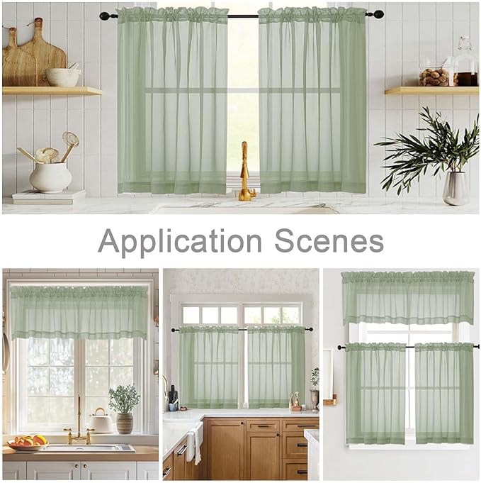 Sage Green Kitchen Curtains 30 Inch Length Tier 2 PCS, Solid Soft Half Curtains for Windows, Sage Green Sheer Rod Pocket Drapes for Bathroom Basement Small Window Curtain, 42" Wx30 L Inches