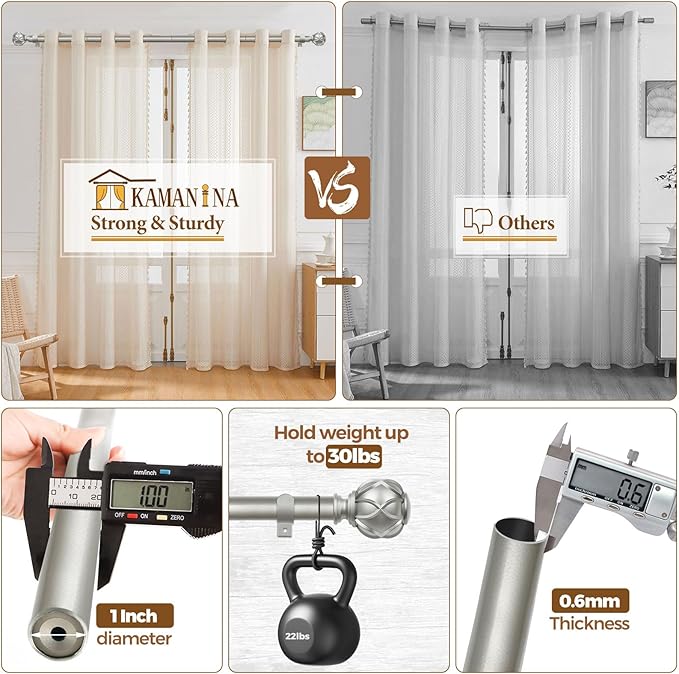 KAMANINA 1 Inch Extra Long Curtain Rod 140 to 195 Inches Silver Heavy Duty Curtain Rods for Windows 120 to 170 Inch, Adjustable Drapery Rods with Netted Texture Finials