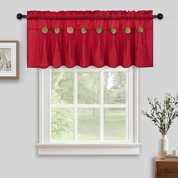 FRAMICS Farmhouse Valance Curtains, Boho Cotton Linen Kitchen Valance, Red Rustic Button Window Valances for Kitchen Bathroom, Country Rod Pocket Valances for Windows Christmas, Red, 52 x 18 Inch