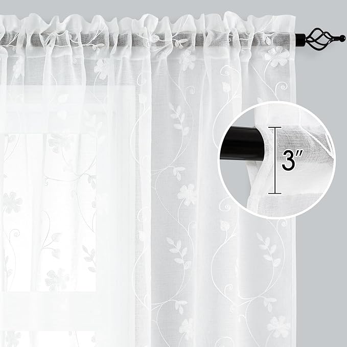 HOMEIDEAS White Sheer Curtains 84 Inches Long 2 Panels White Embroidered Floral Pattern Semi Sheer Window Curtains for Bedroom Living Room
