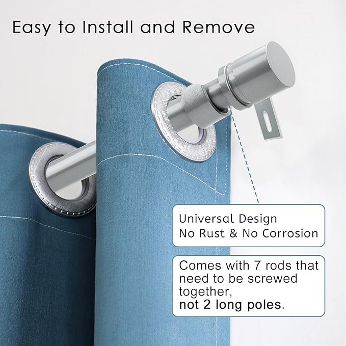 Byondeth Curtain Rods for Windows 16 to 120 Inches Adjustable Length 1 Inch Diameter Window Curtain Rod with Aluminium End Cap, Silver Gray
