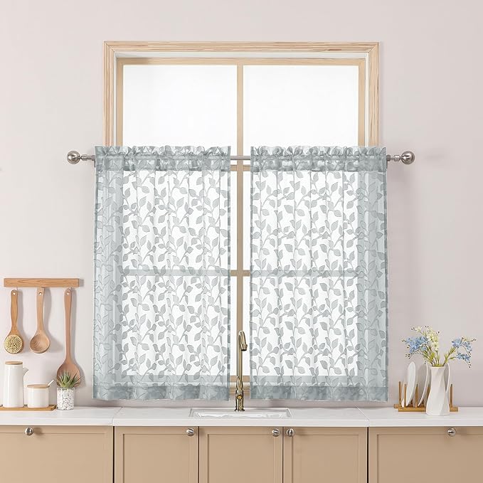 Chyhomenyc Light Grey Sheer Curtains 36 Inch Length, Light Filtering Leaf Tufted Textured Small Window Kitchen Curtain Over Sink, Short Half Window Curtains for Bathroom Basement, 30"Wx36"L, 2 Panels