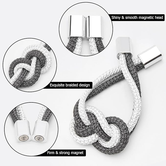 NICEEC 2 Pack Mini Magnetic Curtain Tiebacks Nordic Simple Style Drape Tie Backs Elegant Hand Weave Rope Knot Decorative Curtain Holdbacks for Home & Office Thin Window Drapery (Dark Grey & White)