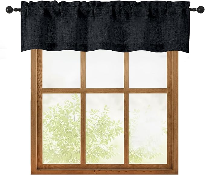 OWENIE Black Valances for Windows 1 Pcs, Light Filtering Textured Farmhouse Short Small Valance Curtains for Bathroom Basement Living Room Bedroom, Rod Pocket Half Curtains for Windows, 52Wx12L Inch