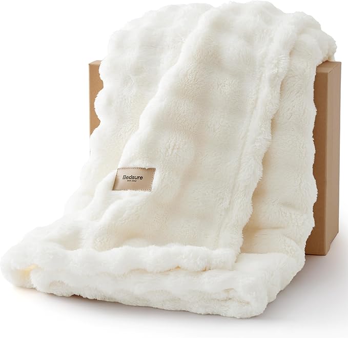 Bedsure 3D Fleece Bubble Blanket for Couch - GentleSoft White Spring Throw Blanket for Sofa Bed Room Decor - Luxury Soft Cozy Blanket Gifts for Kids, Lightweight, Off White, 50"×60"