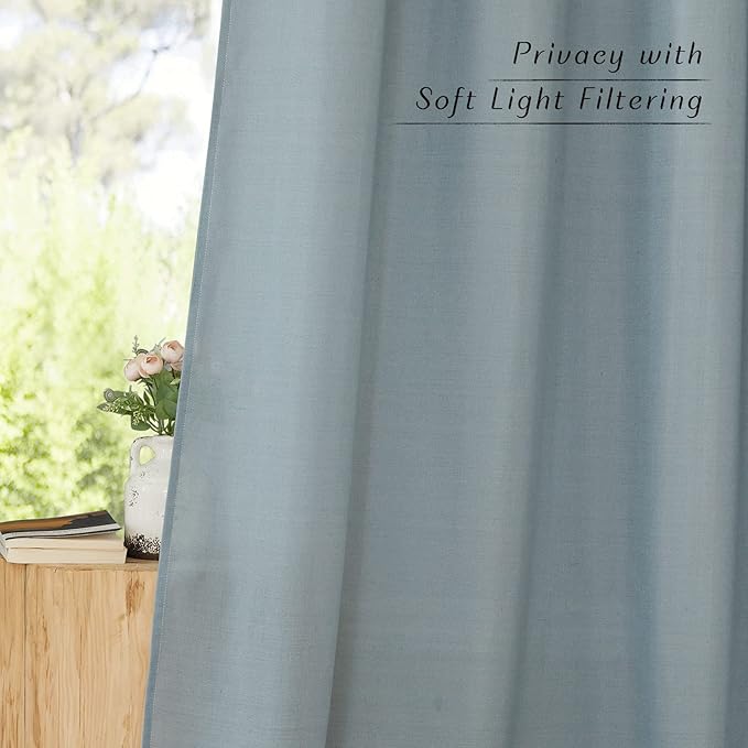 NICETOWN Thick Linen Stone Blue Curtains for Kitchen, Grommet Short Semi Sheer Window Treatments Privacy Assured with Light Filtering Linen Blend for Cafe/Boys Room, 2 Panels, W55 x L54