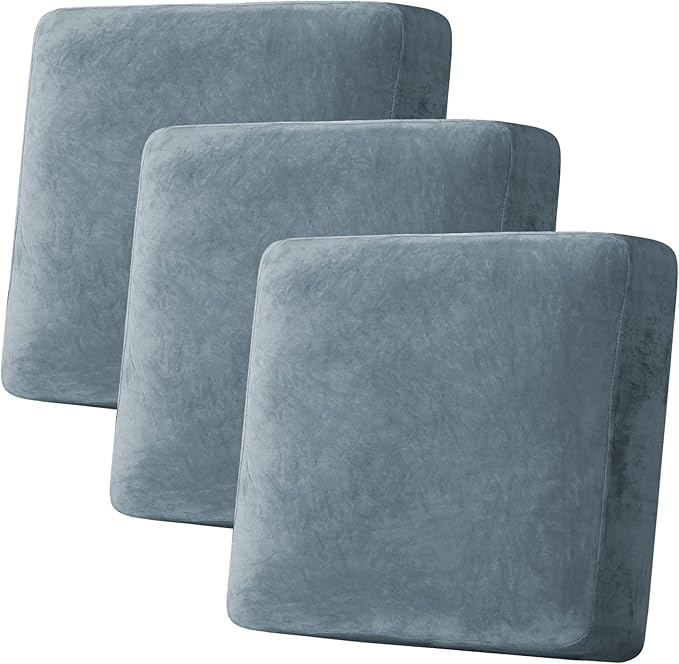 H.VERSAILTEX Velvet Stretch Couch Cushion Cover Plush Cushion Slipcover for Chair Loveseat Sofa Cushion Furniture Protector Seat Cushion Sofa Cover (3 Piece XL Sofa Cushion Covers, Stone Blue)