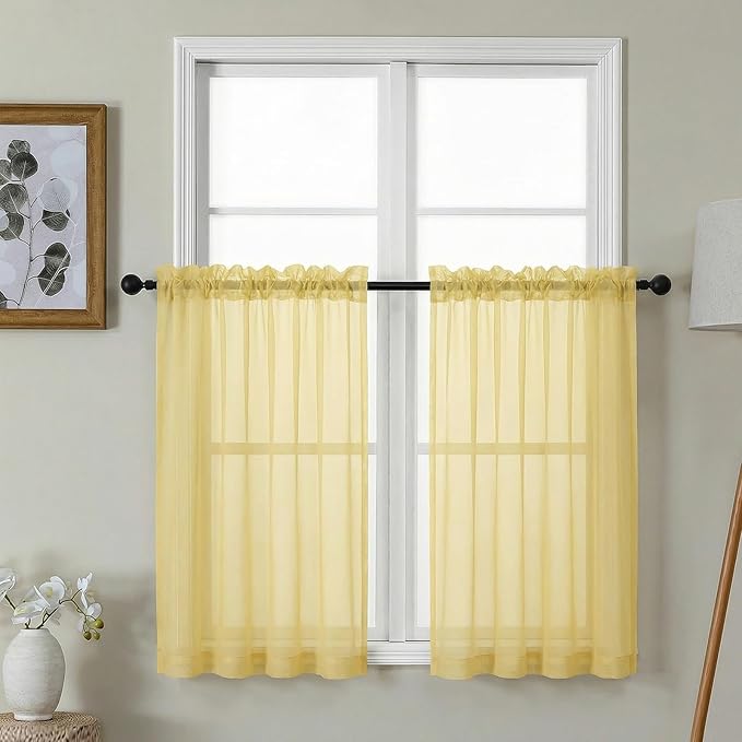 Gwine Short Kitchen Sheer Curtains 36 Inch Length - Light Filtering Voile Small Half Window Curtain for Basement, Rod Pocket Cafe Curtains for Bathroom Cabinet, 42Wx36L Inch, 2 Panels, Yellow