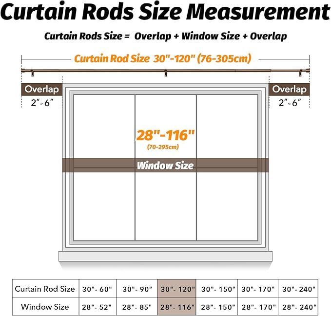 GEEBOBO 2 Pack Bronze Curtain Rods for Windows 66 to 120 Inch, 1 Inch Long Adjustable Heavy Duty Easy Install Curtain Rods Set for Outdoor, Farmhouse, Bedroom, Living Room (Bronze,30"-120",2 Pack)