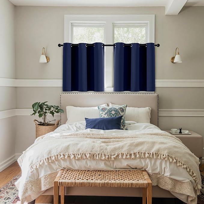 MIULEE Short Curtains for Windows - Navy Blue Blackout Half Window Curtains Thermal Insulated Privacy Drapes for Kitchen Bedroom Bathroom Grommet Top Small Basement Tiers W40 x L36 Inch 2 Panels