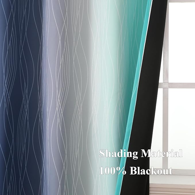Estelar Textiler Navy Blue and Teal Ombre Blackout Curtains 90 Inches Long 2 Panels for Living Room, Thermal Insulated Drapes for Bedroom, Full Room Darkening Grommet Curtains for Sliding Door,52Wx90L