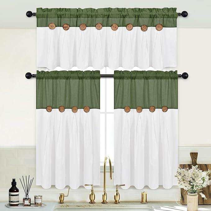 FRAMICS Farmhosue Kitchen Curtains 36 Inch Length, Rustic Cotton Linen Tier Curtains, Boho Button Short Curtain for Windows, Rod Pocket Small Window Curtain, Olive Green and White, 26x36