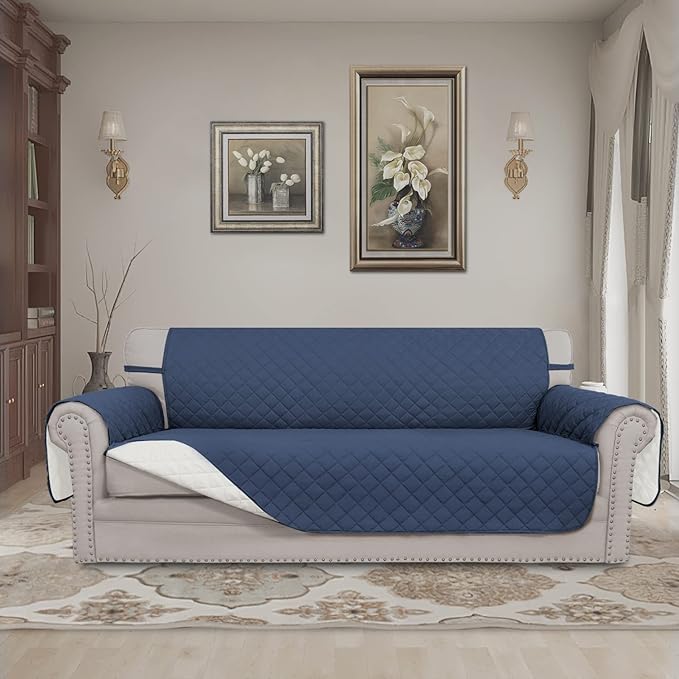 Easy-Going Reversible Oversized Couch Cover for 3 Cushion Couch Sofa Cover for Dogs Water Resistant Furniture Protector Cover with Foam Sticks for Pet (Oversized Sofa, Dark Blue/Ivory)