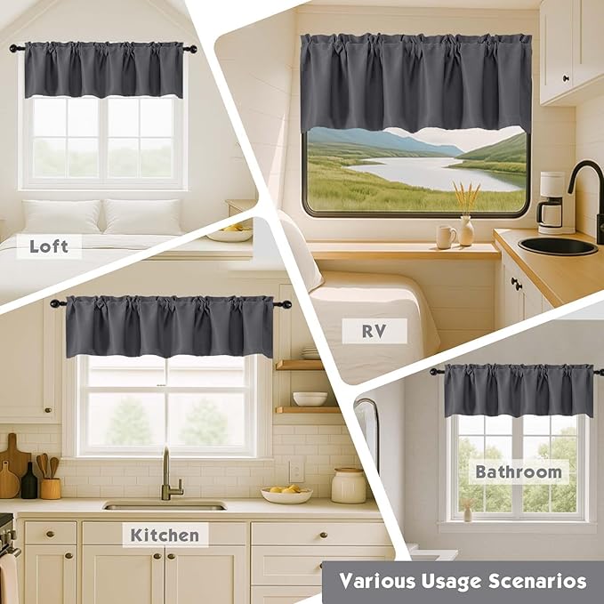 Chyhomenyc Charcoal Grey Valances for Window, Room Darkening Short Curtains for Kitchen Bedroom Living Room, Rod Pocket Top Small Window Treatment Valance RV Bunk Panels, 40" Wx14 L, 2 Pieces