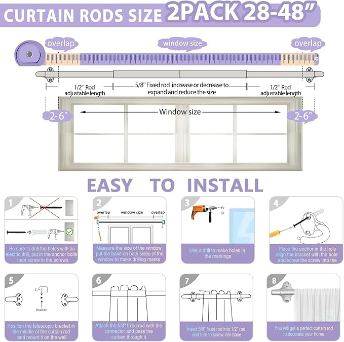 TVWOO Silver Wrap Around Curtain Rods 2Pack:Small Blackout Adjustable Window Curtain Rod for Bedroom Kitchen Apartment Renter Friendly,Room Darkening Curved Drapery Rods Easy Install,Nickel 28-48 Inch