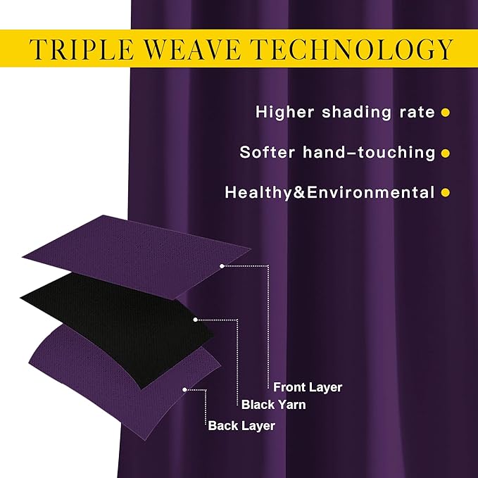 NICETOWN Bedroom Blackout Curtains Panels - Triple Weave Energy Saving Thermal Insulated Solid Grommet Blackout Draperies for Patio (80 inches by 108 Inch, Royal Purple, Set of 2)