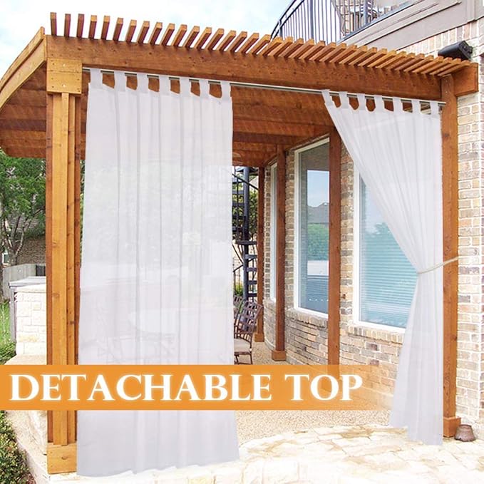 RYB HOME Detachable Sticky Tab Top Outdoor Curtain White Sheer for Patio Arbor Cabana, Privacy Voile Light & Airy Panel for Pavilion Farmhouse Cabin, 1 Free Rope, Wide 54 x Long 108 inches