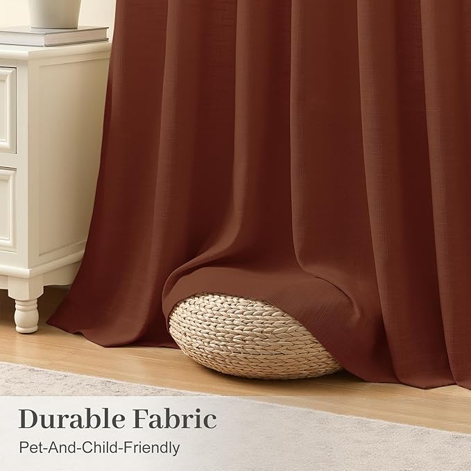 IVAPUPU Pinch Pleated Linen Curtains 96 Inches Long for Living Room, Semi Sheer Light Filtering Memory Trained Pleated Curtain Back Tab Drapes for Farmhouse with Hooks Rings, Chestnut Brown, 2 Panels