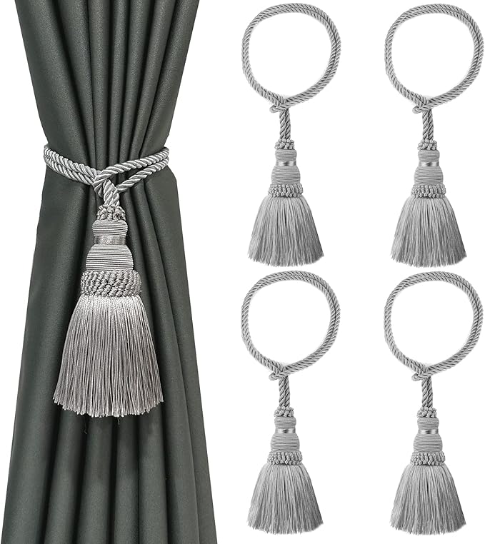 Fenghuangwu 4 Pack Curtain Tie Backs Rope Tassels for Curtains Drape tiebacks Handmade Outdoor Home and Outdoor Decorative (Silver, 4p)