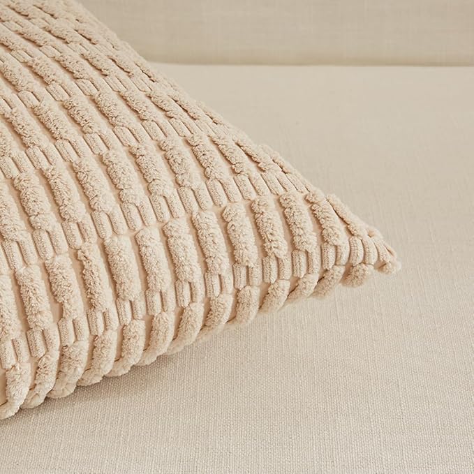 Fancy Homi 4 Packs Neutral Long Lumbar Decorative Throw Pillow Covers 12x24 Inch for Living Room Couch Bed, Boho Home Decor, Soft Striped Corduroy Rectangle Accent Beige Cushion Case 30x60 cm