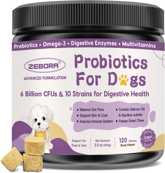Probiotics for Dogs – 6 Billion CFUs & 10 Strains with Prebiotics, Omega-3, Digestive Enzymes & Multivitamins, Dog Probiotics for Digestive Health, Immune Support, Skin & Coat, 120 Duck Flavor Chews