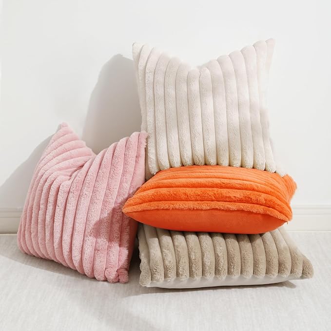 decorUhome Summer Cozy Faux Fur Throw Pillow Covers 12x20 Set of 2 Decorative Soft Plush Striped Lumbar Modern Farmhouse Boho Couch Pillow Cases with Velvet Back for Sofa Bed Living Room, Beige