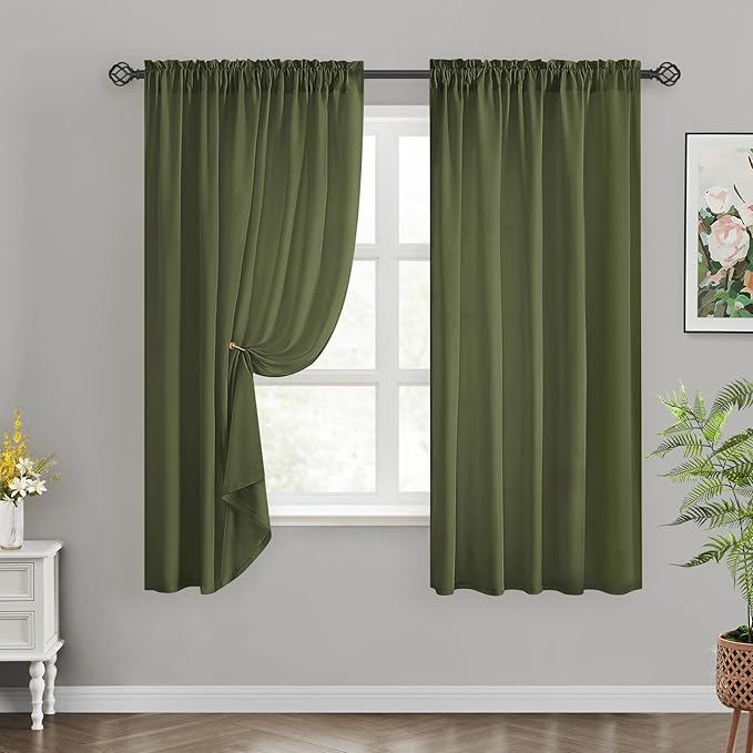 HOMEIDEAS Non-See-Through Olive Green Privacy Sheer Curtains, 52 X 63 Inches Long 2 Panels Sheer Curtains Light Filtering Window Drapes for Bedroom Living Room