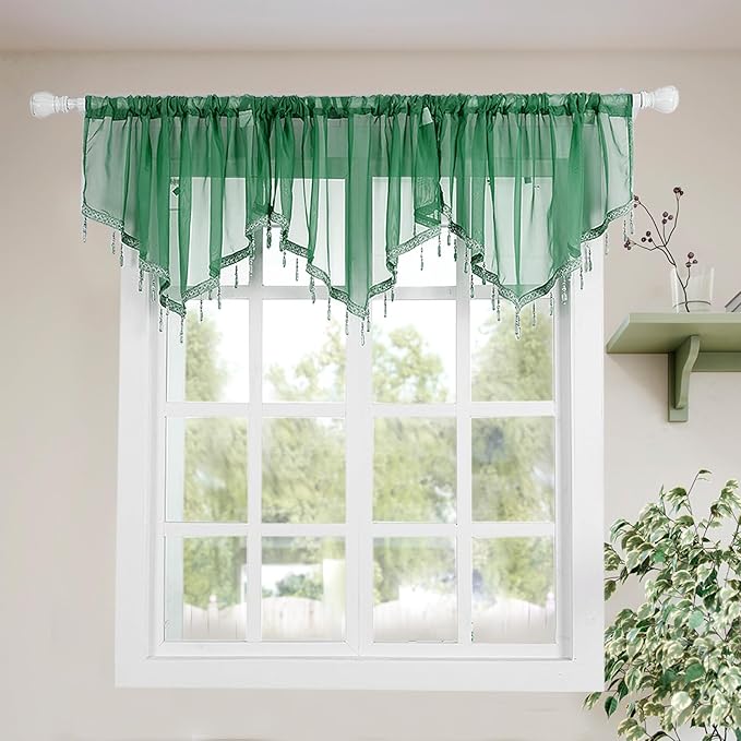 Molaxhome Swag Curtain 51 inch Length Rod Pocket Scalloped Curtain Valance Sheer Lace Panels with Hanging Crystal Beads for Kitchen Bedroom Window Treatments Drape Decor 1pc (DarkGreen, 51Wx23L)