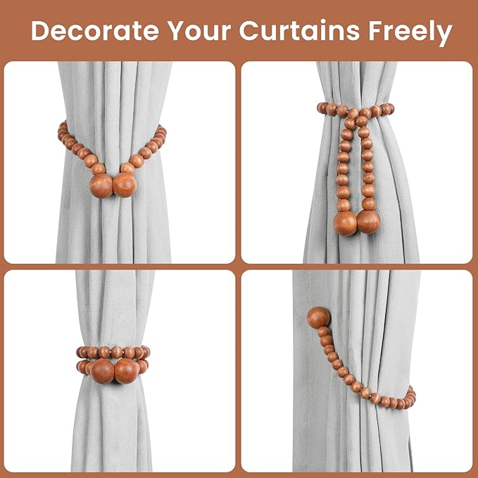 KLOGTSIND Magnetic Curtain Tiebacks, Curtain Tie Backs for Curtains 2 Pack, Wood Bead Curtain Tiebacks, Curtain Holders for Boho Bedroom Decor, Baby Nursery Decor, Farmhouse Decor