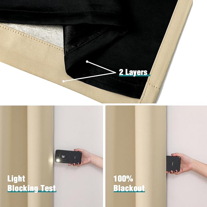 ChrisDowa 100% Blackout Curtains for Bedroom with Black Liner, 2 Thick Layers Total Blackout Thermal Insulated Grommet Window Curtains 2 Panels Set (Beige, 42 x 63 Inch)