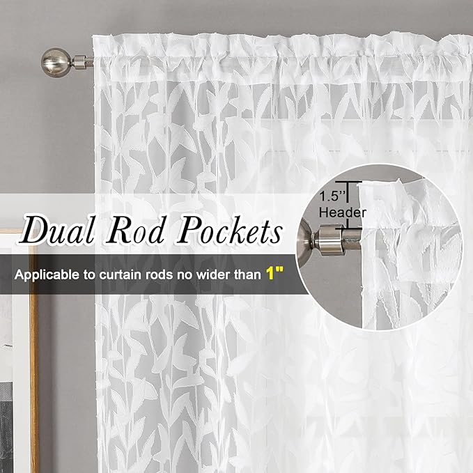 Lecloud Leia White Sheer Valances for Windows 16 Inch Length 2 Pcs, Jacquard Leaf Textured Short Kitchen Curtains Over Sink, Dual Rod Pocket Cafe Curtains for Bathroom, Each Panel 28" W x 16" L