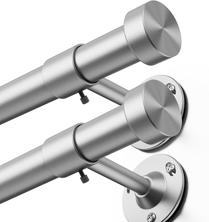 YaFex 2 Pack Heavy Duty Curtain Rods 32-60 Inch, 1 Inch Adjustable Curtain Rod for Windows, Silver Short Window Treatment Rods Set with Aluminium Finials, Modern Design