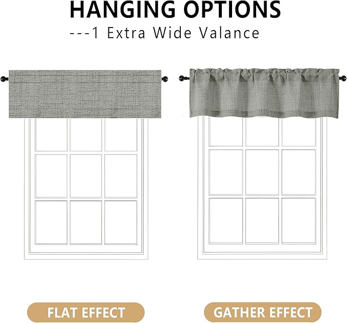 OVZME Valance for Windows, Light Filtering Faux Linen Textured Small Short Valance Kitchen Curtain, Dual Rod Pocket Top Short Window Curtain for Bathroom Basement Farmhouse, 52Wx14L Inch, Dark Grey